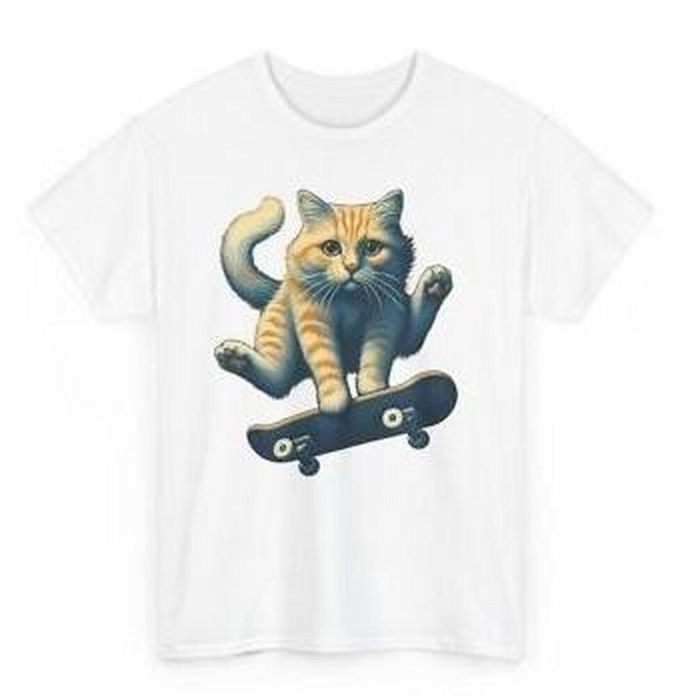 White Graphic Tee With A Cute Cat On A Skateboard Design